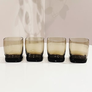 Set of Four Libbey Carrington Tawny Brown Smoked Square Old Fashioned Rocks Glasses