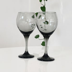 Set of Two Vintagw Smoked Gray Wine Glasses
