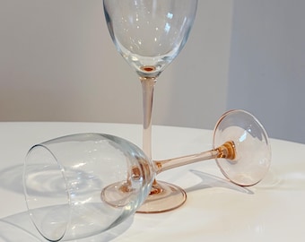 Set of Two Vintage Luminarc France Pink Stem Wine Glasses
