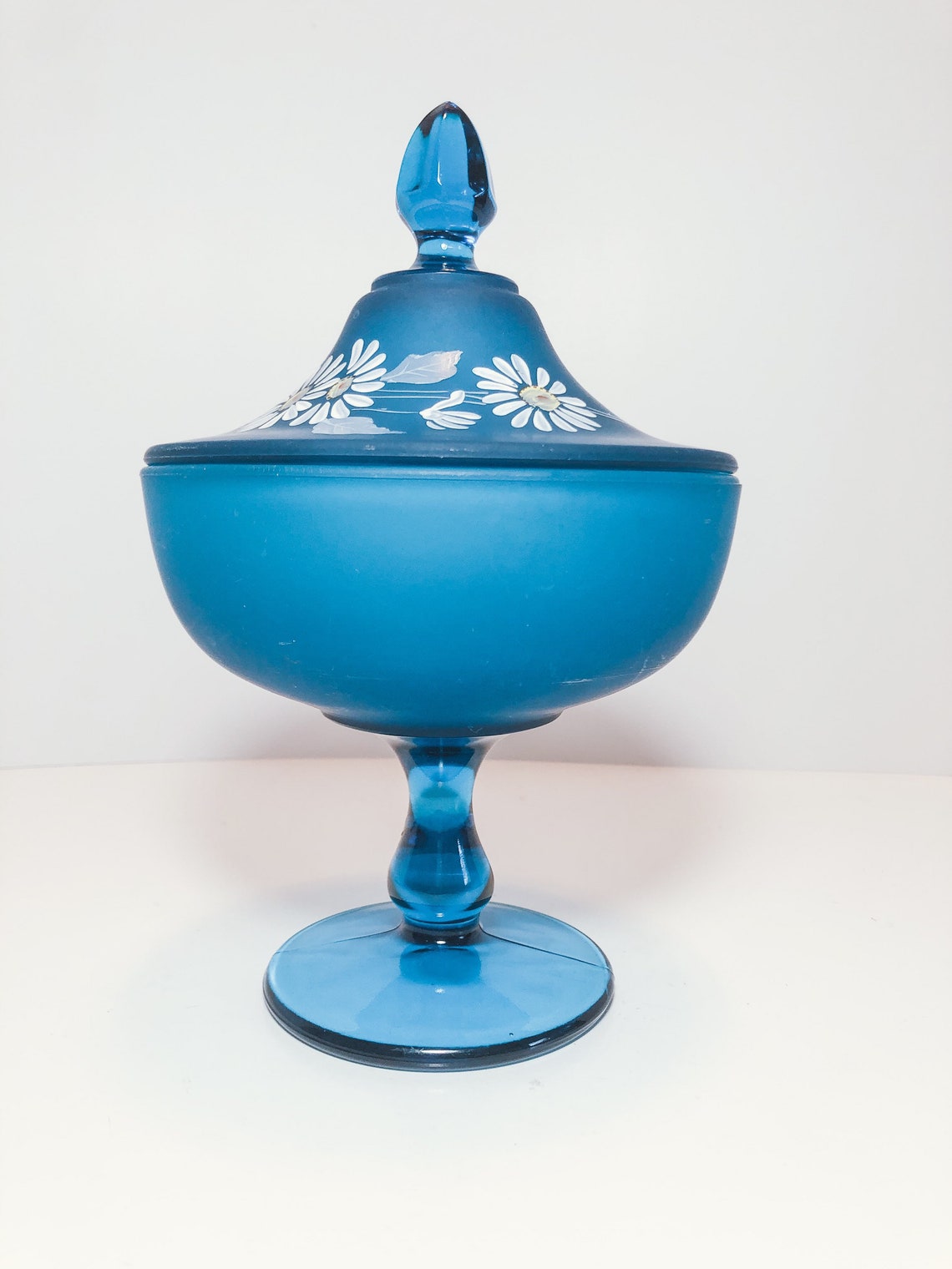 Vintage Frosted Blue Westmoreland Pedestal Candy Dish Floral Etsy