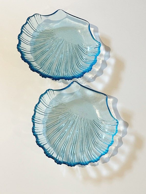 Set of Two Turquoise Glass Clam Shell Dishes