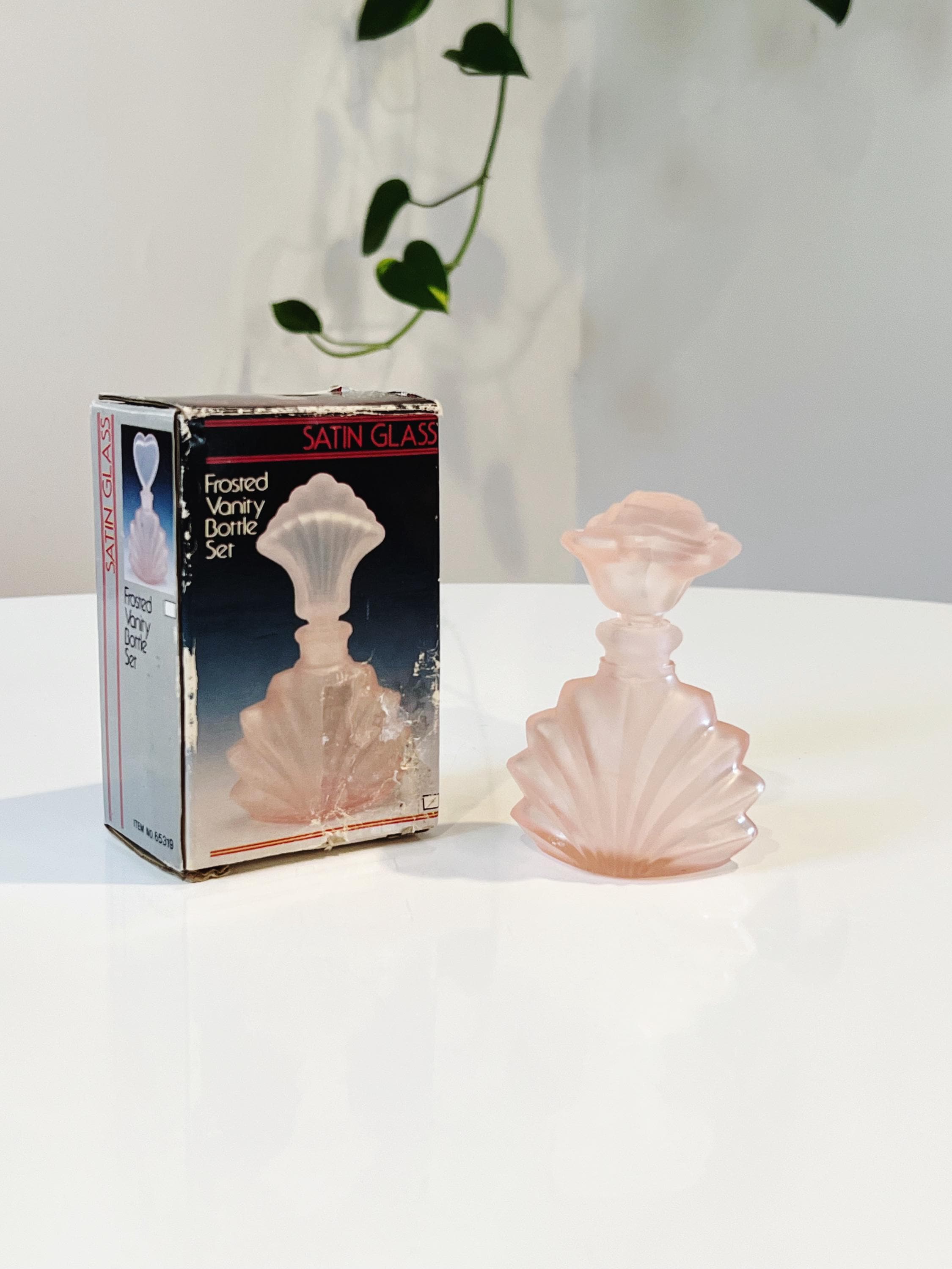 Vintage 1980's Pink Frosted Satin Glass Perfume Bottle Original Packaging