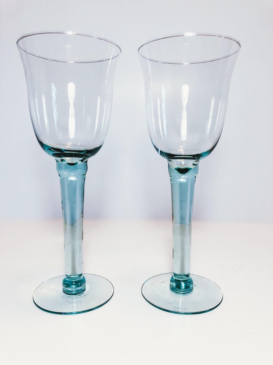 Set of Two Turquoise Tinted Blown Glass Tall Thick Stem Wine Etsy
