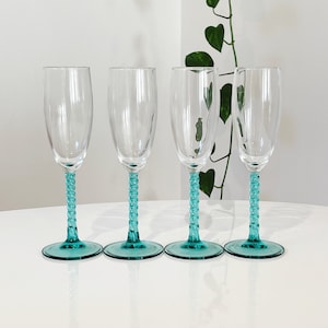 Set of Four Vintage Luminarc Angelique Champagne Flutes with Twisted Aqua Stem