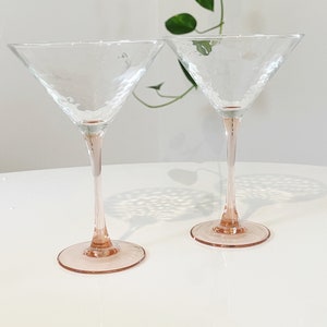 Set of Two Luminarc Pink Stem Hammered Glass Martini Glasses.