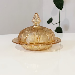 Jeanette Glass Iridescent Iris Covered Butter Dish