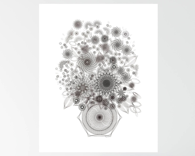 Floral Art Print Black & White Abstract Flowers Spirograph image 1