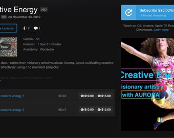 May include: A screenshot of a webpage for a documentary series called "Creative Energy" featuring visionary artist/musician Aurora. The series is about cultivating creative energy and effectively using it to manifest projects. The image shows a woman in a colorful outfit jumping in the air with the words "Creative Energy" and "Visionary Artistry with AURORA" in a colorful font.