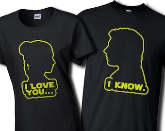 Camisetas de Han Solo y Leia: camisetas de pareja con las frases "Te amo" y "Lo sé".