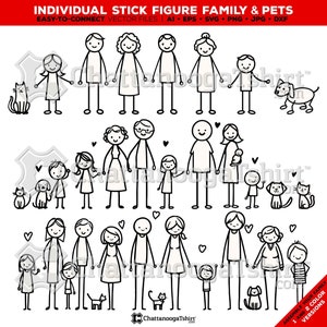 Peut inclure: Illustrations de famille et d'animaux en bâtonnets noir et blanc. L'ensemble comprend une variété de membres de la famille, y compris des parents, des enfants, des grands-parents et des animaux de compagnie. Les illustrations sont simples et faciles à utiliser, ce qui les rend parfaites pour créer des portraits de famille personnalisés ou pour une utilisation dans le scrapbooking et d'autres projets d'artisanat.