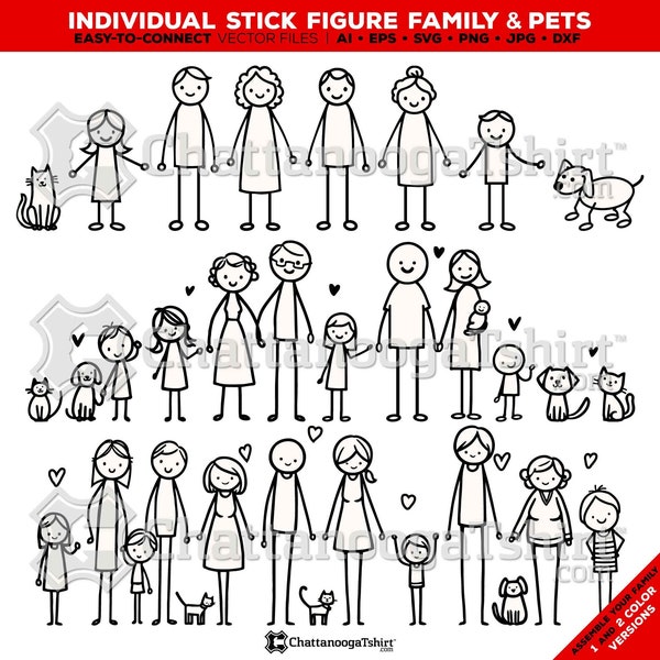 Customizable Stick Figure People & Pets Vector Illustrations. Create Your Family Portrait Clipart Crafts with Instant Digital Download Files