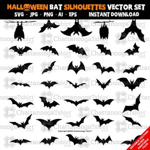 May include: A set of 20 black bat silhouettes in various poses, perfect for Halloween crafts and decorations. The bats are in a vector format, making them easy to resize and edit.