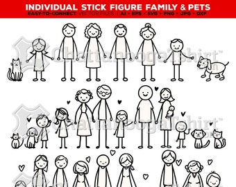 Stokfiguur familie SVG-clipart: aangepaste vectorkunst, Cricut silhouet lasergesneden (digitale download)