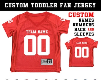 CUSTOM Toddler Kids Football Jersey with Personalized team name, number, player last name back and sleeves. Get Matching Children's jerseys.