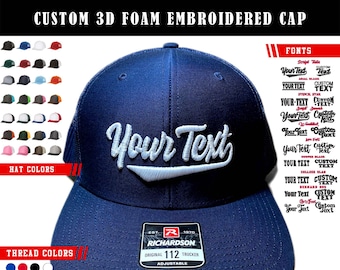 Personalized 3D Foam Embroidered Cap - Custom Sport Text Trucker Hat - Choose Color & Font - Adjustable Snapback Richardson 112. Great Gift!