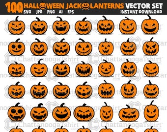 100 Simple Halloween Jack-O-Lantern Pumpkin Carved Faces Vector Set - Easy To Customize. Makes great stickers! (Eps Ai Svg Png Jpg)