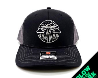 Glow-in-the-Dark Alien Abduction Cap Embroidered Trucker Hat on Richardson 112 Snapback for UFO & Sci-Fi Fans, Unique Gift, Adjustable Sizes