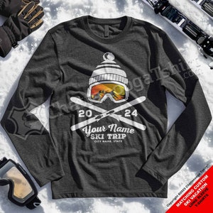 Custom Snow Ski Trip Long Sleeve T-Shirts for Family & Group Ski Trips of Snow Ski Goggles and Personalized Name and Snow Ski Resort City