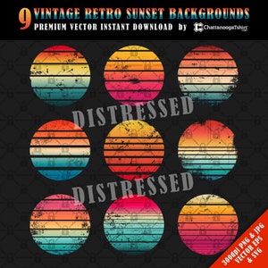Peut inclure: Neuf fonds de coucher de soleil rétro vintage dans un style vieilli. Chaque fond est un cercle avec un dégradé de couleurs orange, jaune, rouge et bleu. Les cercles sont disposés en grille. Le texte "DISTRESSED" apparaît deux fois sur l'image.