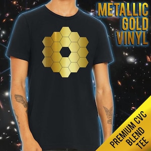 May include: A black t-shirt with a gold metallic honeycomb design. The design is made of vinyl and is applied to the front of the shirt. The shirt is a premium CVC blend tee.