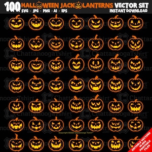 May include: A set of 100 Halloween jack-o'-lantern vector illustrations. The jack-o'-lanterns are orange with black outlines and have various facial expressions. The illustrations are on a black background.  SVG JPG PNG - AI - EPS INSTANT DOWNLOAD
