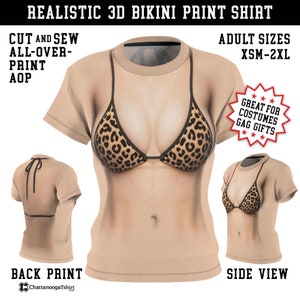 Realistic Women&#39;s Leopard Bikini Gag T-Shirt, 3D Perfect Beach Body Print. Funny Workout Faux Beach Leopard Top on Women&#39;s Cut & Sew Tee AOP