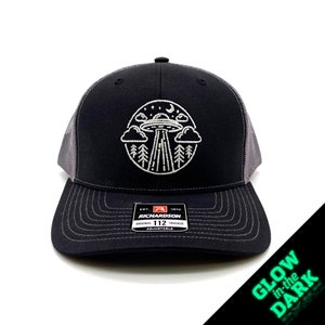 Glow-in-the-Dark Alien Abduction Cap Embroidered Trucker Hat on Richardson 112 Snapback for UFO & Sci-Fi Fans, Unique Gift, Adjustable Sizes