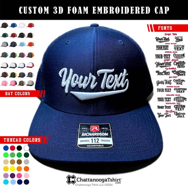 Personalized 3D Foam Embroidered Cap - Custom Sport Text Trucker Hat - Choose Color & Font - Adjustable Snapback Richardson 112. Great Gift!