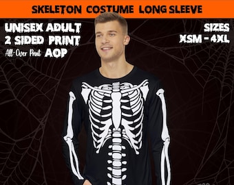 Skeleton Bones Halloween Costume Long Sleeve Shirt: Funny Adult All-Over Print Skeletons Costumes