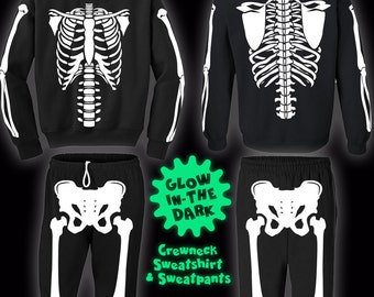 Glow-In-The-Dark Skeleton Halloween Costume Sweatshirts and Sweatpants for Men, Women, and Kids.