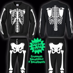 Glow-In-The-Dark Skeleton Halloween Costume Sweatshirts and Sweatpants for Men, Women, and Kids.