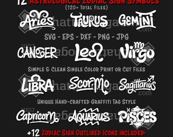 Ultimate Zodiac Graffiti SVG Bundle 12 Signs and 24 Icons, Astrological Symbol Vector Set