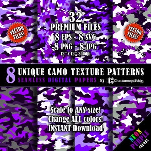 May include: Eight unique digital paper patterns featuring a neon purple camouflage design. The patterns are seamless and can be scaled to any size. The text "32 Premium Files 8 EPS - 8 SVG 8 PNG - 8 JPG 12" x 12" 300dpi" is displayed on the image. The text "8 Unique Camo Texture Patterns Seamless Digital Papers by ChattanoogaTshirt.com" is also displayed on the image. The text "Scale to ANY size! Change ALL colors! INSTANT Download NEON PURPLE COLORS" is displayed on the image.