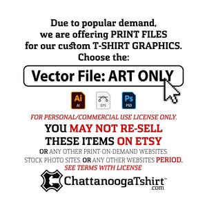 May include: A graphic showing the different vector file formats available for purchase: AI, EPS, and PSD. The text reads "Vector File: ART ONLY" and "FOR PERSONAL/COMMERCIAL USE LICENSE ONLY. YOU MAY NOT RE-SELL THESE ITEMS ON ETSY OR ANY OTHER PRINT-ON-DEMAND WEBSITES, STOCK PHOTO SITES, OR ANY OTHER WEBSITES PERIOD. SEE TERMS WITH LICENSE ChattanoogaTshirt.com"