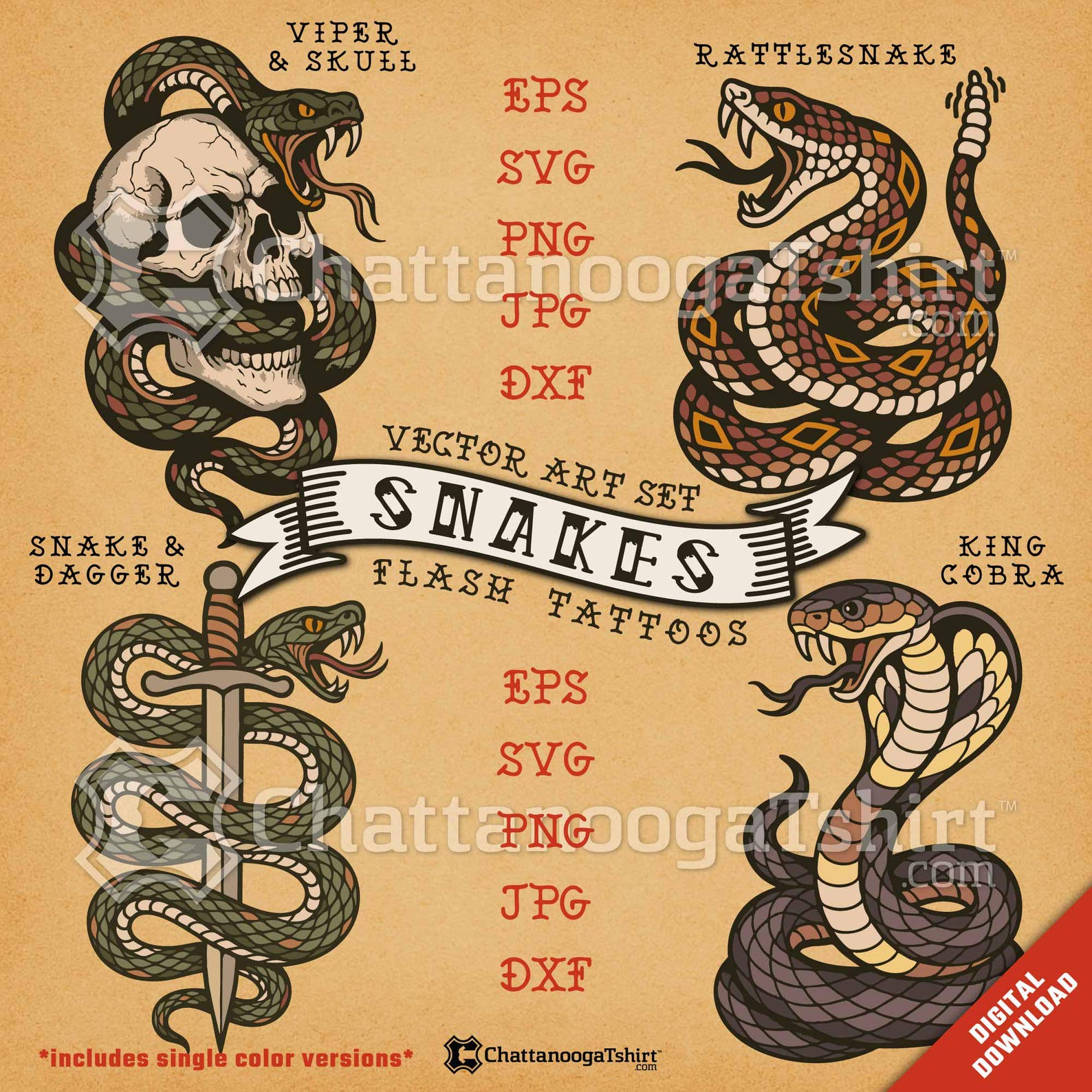 Classic Old School Snake Tattoo Flash Set: Traditional Snakes Vector ...