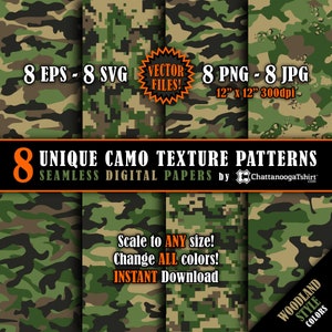 Seamless Custom Woodland Colors Camo Texture Pattern Vector Pack - Repeating Tile Camouflage Digital Paper Files (eps, svg, png, jpg)