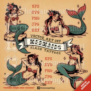 Mermaids Flash Tattoo Vector Set of Traditional Vintage Pinup Mermaid Tattoos Style Clipart for Cricut Procreate plus Single Color Versions