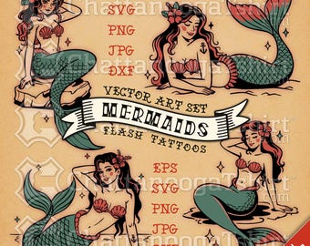 Mermaids Flash Tattoo Vector Set of Traditional Vintage Pinup Mermaid Tattoos Clipart SVG