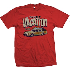 May include: Red t-shirt with a graphic of a station wagon with the text "FAMILY VACATION 2016" printed on it.
