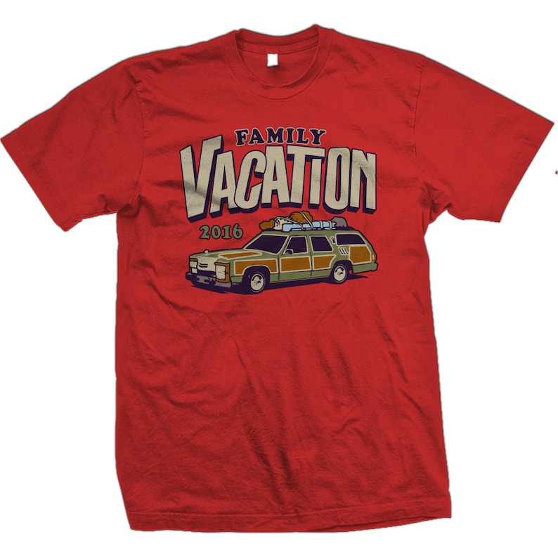 May include: Red t-shirt with a graphic of a station wagon with the text "FAMILY VACATION 2016" printed on it.