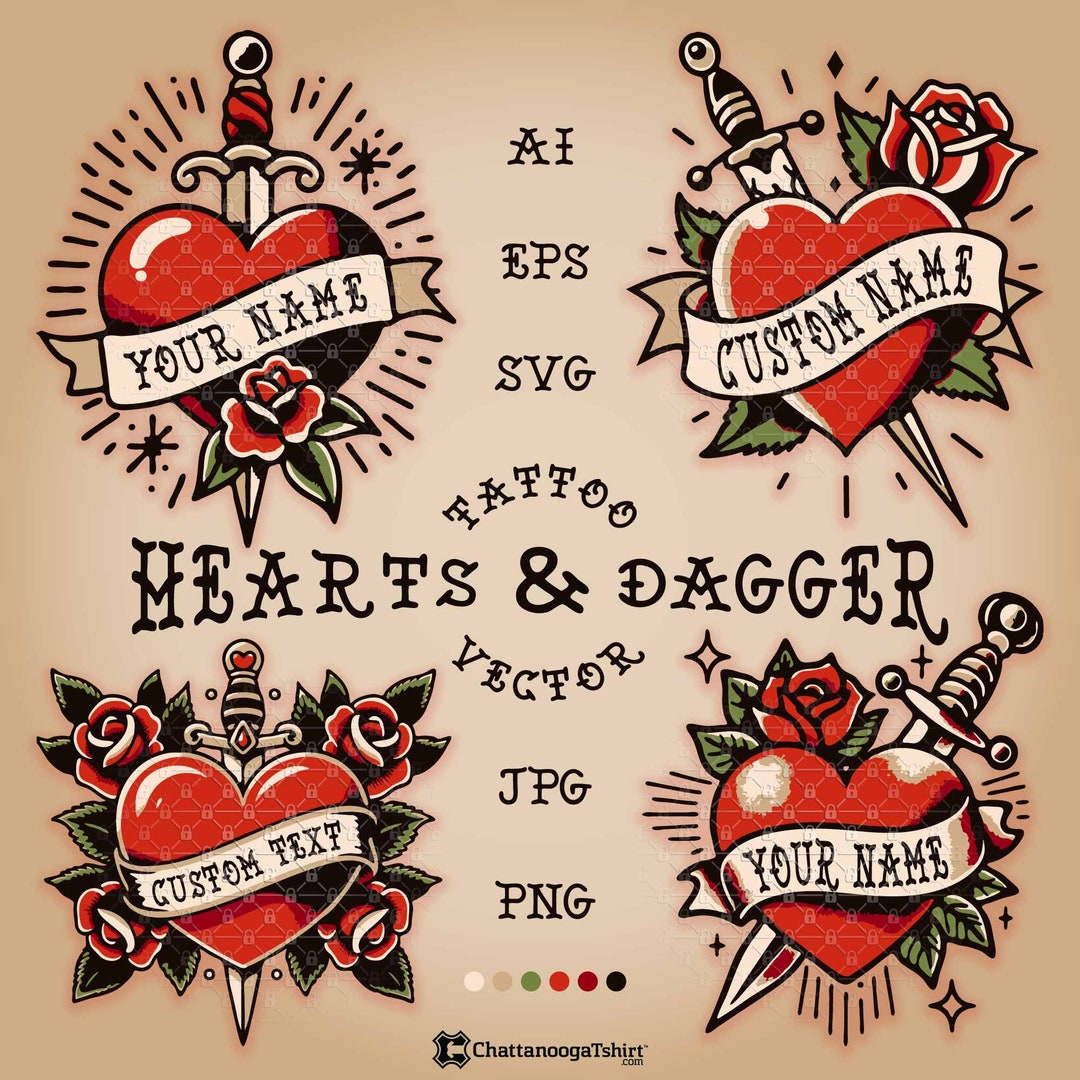 伝統的なハートと短剣のタトゥー ベクター セット、カラーと白黒の