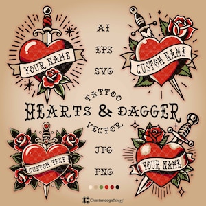 Traditionelles Herz und Dolch Tattoo Vektor Set, individuelle Flash Tattoos mit alter Schul Rose in Farbe und B&W AI, svg, eps, png, jpg