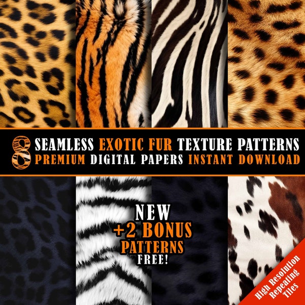 10 Seamless Real Fur Texture Pattern Set - Fun Hi-Resolution Endless Repeating Animal Fur Skin Tiles Digital Papers for Crafts (png, jpg)