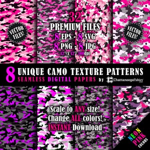 Seamless Neon Pink Camo Texture Pattern Vector Pack and Repeating Tiled Hi-Resolution Camouflage Digital Paper Files (eps, svg, png, jpg)