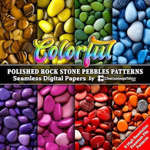May include: A digital image showcasing eight vibrant patterns of polished rock stone pebbles. The patterns feature a variety of colors, including brown, yellow, green, blue, purple, pink, red, and orange. The word "Colorful" is displayed in a rainbow gradient.