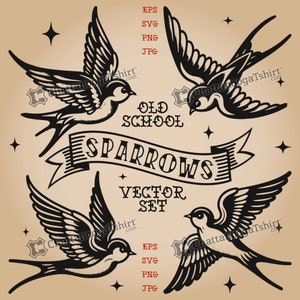 Old School Tattoo Sparrow Vector Set: 4 Flash Designs (svg, eps, png, jpg)
