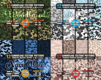 48 Simple Seamless Camo Texture Patterns - 4 Set Bundle Repeating Vector Tiles of Camouflage Texture Digital Downloads (eps, svg, png, jpg)