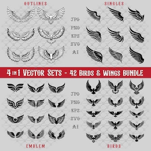 Digital Vector Birds & Wings Silhouette Outlines - 4 Sets-in-1 Bundle, Svg/Png/Eps/AI Formats, Emblem  Wing Icons Craft Scrapbooking Clipart