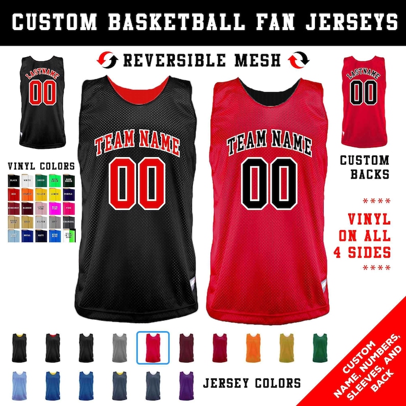 CUSTOM 2-Color Vinyl  Basketball Jersey for Teams and Family Fans  with Personalized Names and Numbers 16 Colors in Adult & Kids Youth Sizes