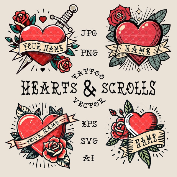 Traditional Red Heart Tattoo Set - 4 Custom Designs with Classic Roses and Scrolls in Color and B&W AIs and individual svg, eps, png, jpg